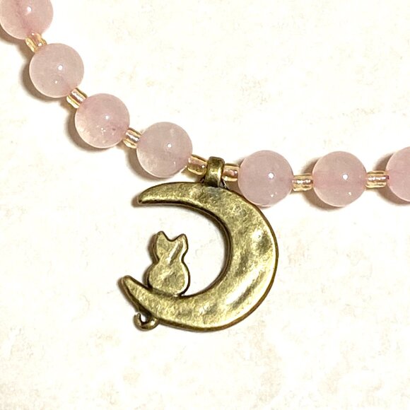 Pink Genuine Gemstone Rose Quartz Bronze Cat on the Moon Beaded Short Necklace - Picture 6 of 11